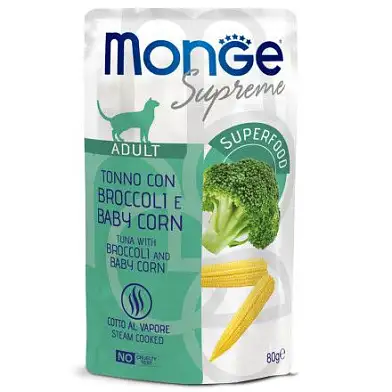 Monge Supreme Adult cat влажный корм для взрослых кошек с тунцом, брокколи и мини-кукурузой (пауч)