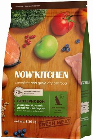 Купить now’kitchen беззерновой сухой корм для взрослых кошек с индейкой, уткой, лососем и овощами 