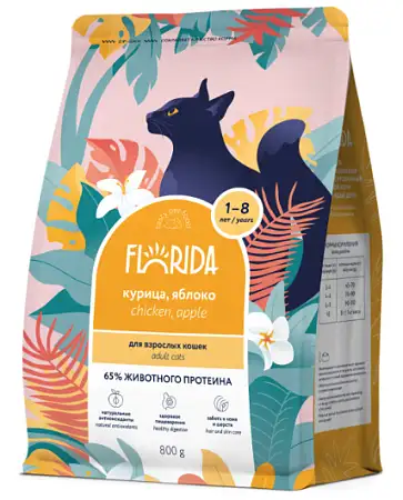 Купить florida сухой корм для взрослых кошек с курицей и яблоком